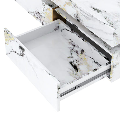 Merax 43.3 Inch Modern Large Square Coffee Table with Marble Textured Top, 4 Built-in Drawers Ample Storage and Floating Suspended Base, Modern Elegance White MDF Storage Center Table for Living Room