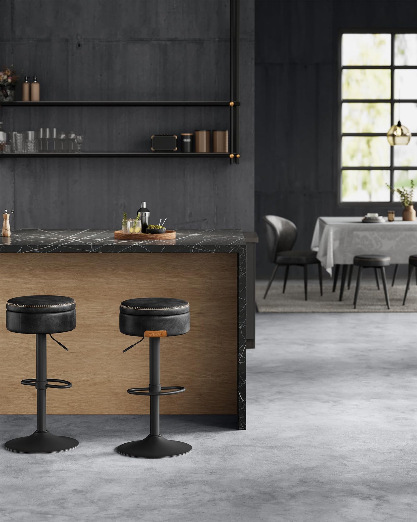 VASAGLE EKHO Collection - 360° Swivel Bar Stools Set of 4, Height Adjustable Barstools with Storage, Synthetic Leather with Stitching, Mid-Century Modern, Kitchen Bar, Easy Assembly, Ink Black
