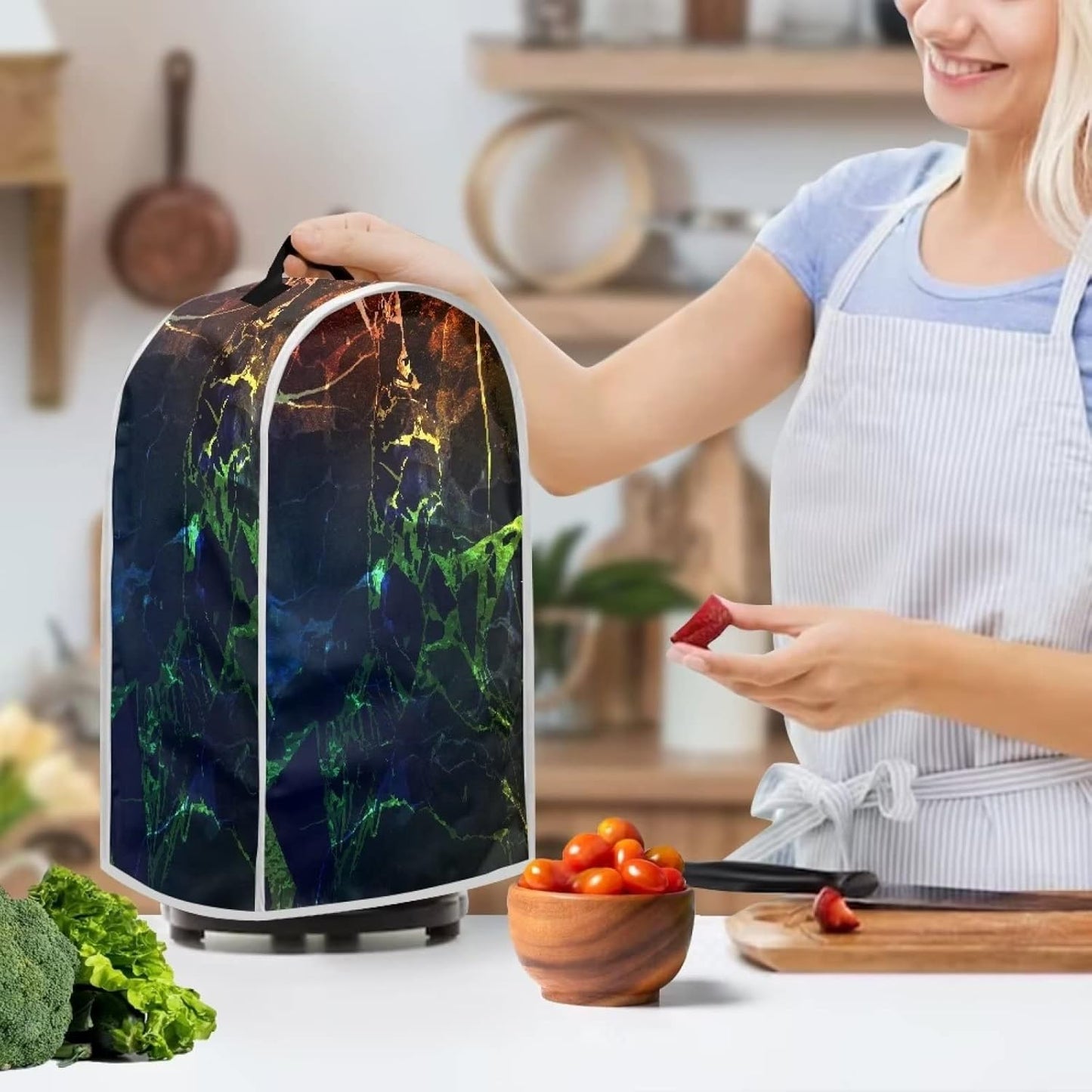Blender Cover for Kitchen, Marble Print Appliance Organizer Bag, Dust Cover with Top Handle for Stand Mixer
