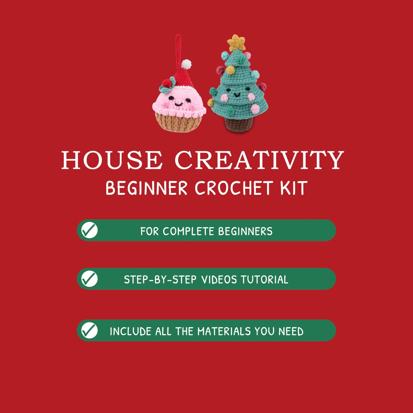 HOUSE CREATIVITY Crochet Kit for Beginners – Make a Christmas Tree & Cupcake, Amigurumi Crochet Starter Kit with Video Tutorial, Yarn & Hook, DIY Holiday Ornament & Cute Desk Decor Gift