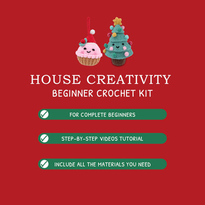 HOUSE CREATIVITY Crochet Kit for Beginners – Make a Christmas Tree & Cupcake, Amigurumi Crochet Starter Kit with Video Tutorial, Yarn & Hook, DIY Holiday Ornament & Cute Desk Decor Gift