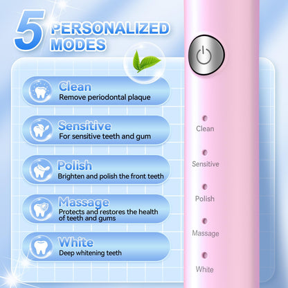 JTF Sonic Electric Toothbrush for Adults: 6 Brush Heads, Travel Bag, Tongue Scraper, 5 Brushing Modes for Teeth, Smart Timer and IPX7 Waterproof, Rechargeable Toothbrush for Deep Cleaning & Whitening