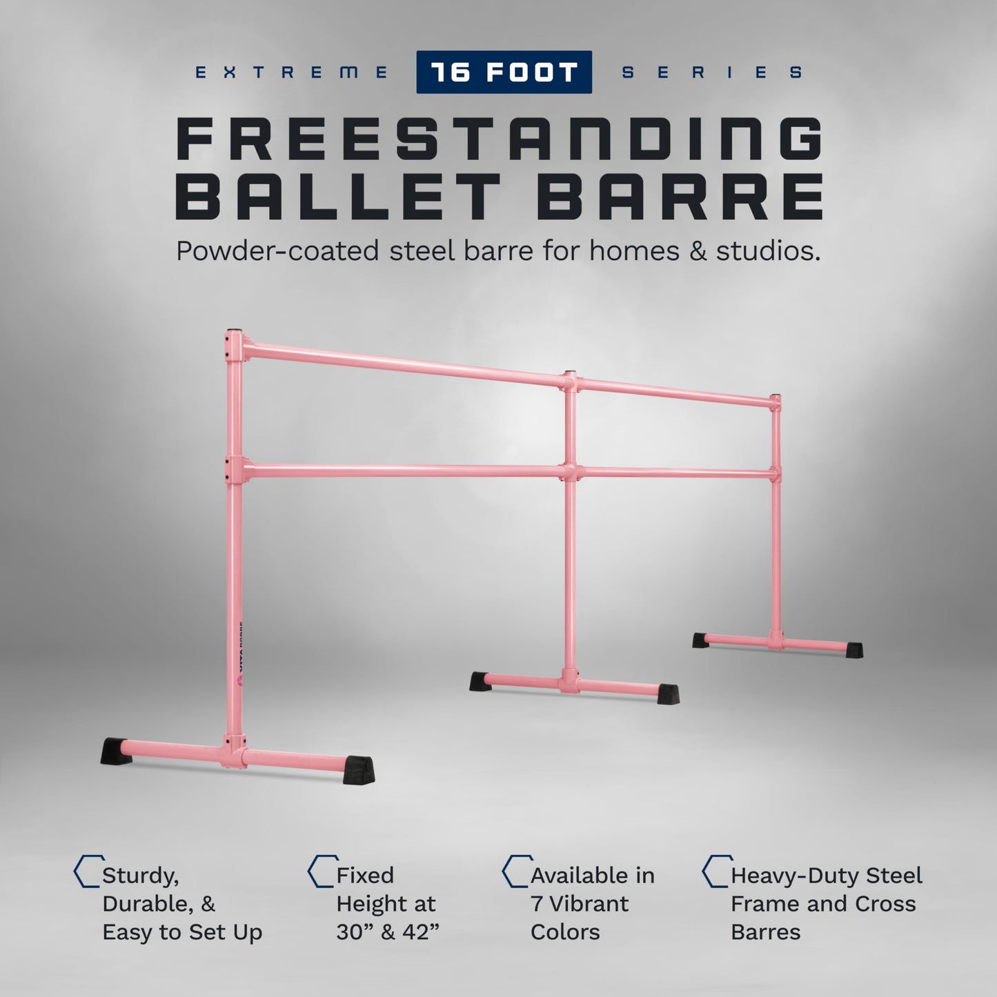VITA Barre Portable Freestanding Double Ballet Barre, Extreme, 16 Ft Bars, Light Pink, Steel | Fixed Height, Made in USA, Home or Gym Exercise Equipment for Kids & Adults | Dance, Fitness, Pilates