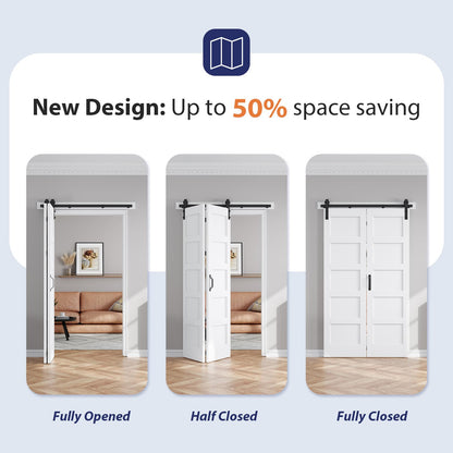 FREDBECK 42X84(Double 21x84) Bifold Door Bi-fold Barn Doors White Double with 46" Hardware Track Kit Included,Solid MDF with Water-Proof PVC Surface for Closet,Assembly Required