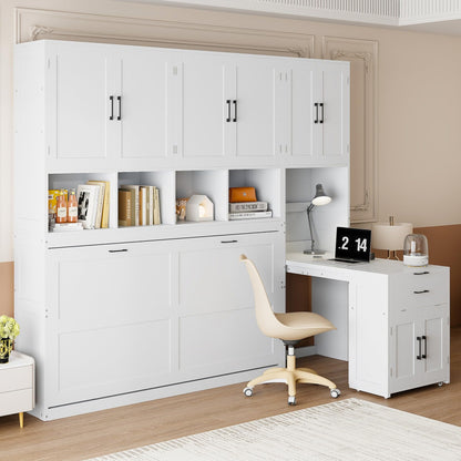 Merax 90.4"H Twin Size Murphy Bed Cabinet With Built-in Desk, Storage Closet, Drawers & Shelves, Wood Foldable Hidden Wall Platform Bedframe For Home, Bedroom, Small Room, Apartment, Reversible, White