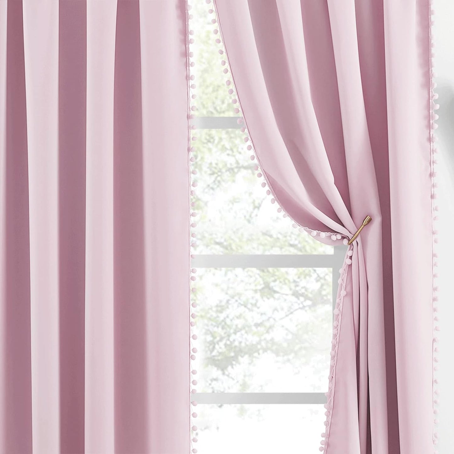 52" 84" 2 NICETOWN Pom Pom Blackout Curtains for Girls Bedroom Boho Pink Window Curtains for Nursery Rod Pocket Thermal