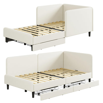 LIKIMIO Twin Daybed with Headboard, Corner Bed Frame with Bed Rails and Storage Drawers, Solid Support, for Bedroom Guest Room, Cream