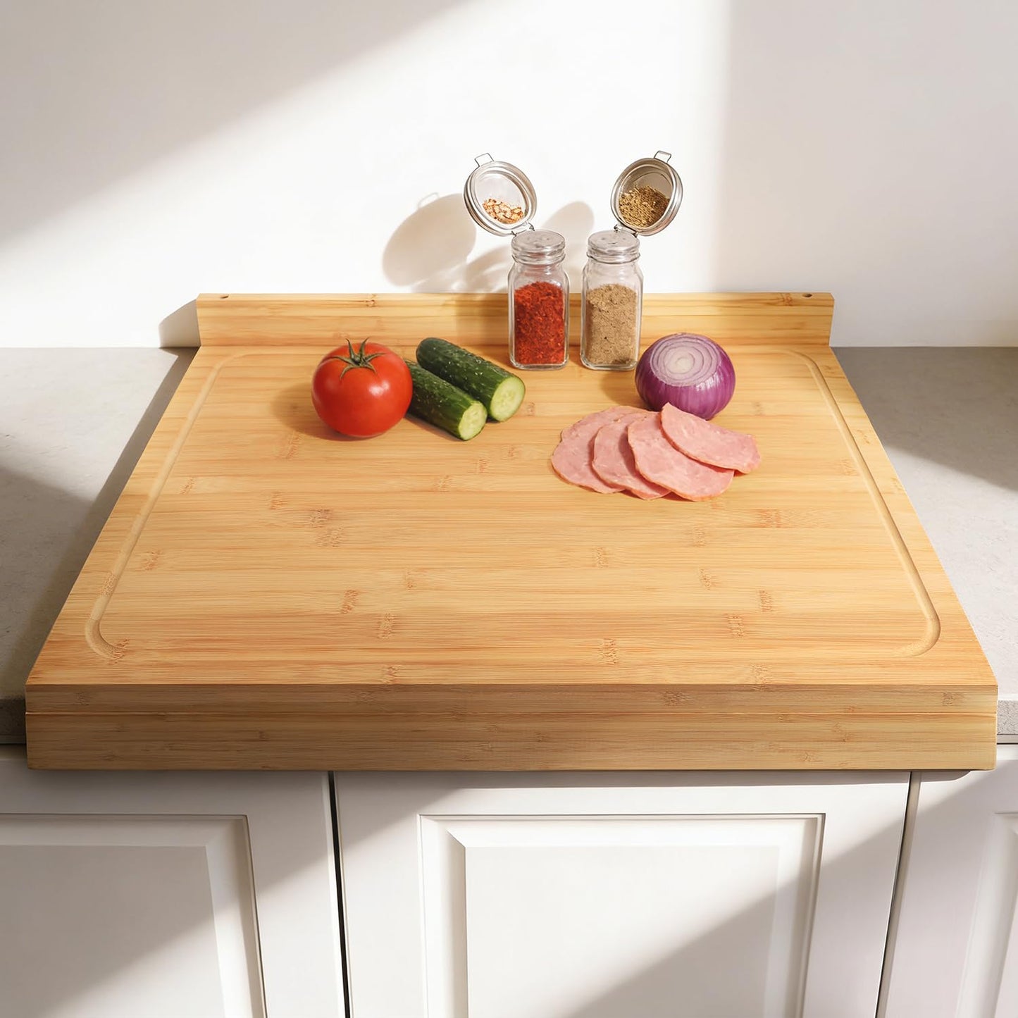 BAMOTTO CRAFTBAMBOO 24x18 Inch Extra Large Bamboo Cutting Board with Detachable Front Lip & Backsplash - Reversible Over The Sink Board, Pasta Maker, Pastry & Carving Board for Home Kitchen