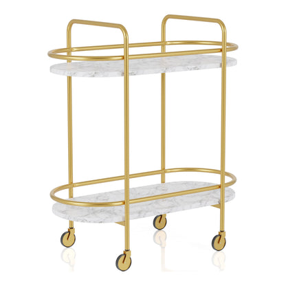 HOMES: Inside + Out Wuest Modern 2 Tier Metal 33 in. Mobile Serving Cart with Casters for Dining Room, Home Bar, Gold Coating and White