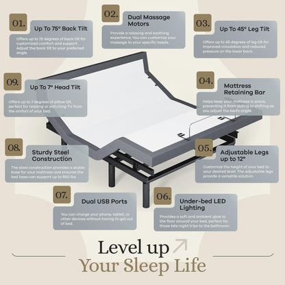 Sven & Son Harmony Adjustable Bed Base, Head and Foot Lift, Massage, Under-Bed Lights, USB, Memory, Zero Gravity Smart Frame - Full