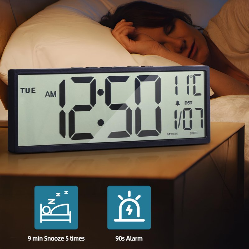 Henescribe 15" Large Digital Wall Clock Battery Operated Black, Clock with Large Display Numbers, Calendar, Auto DST, Clocks for Living Room, Kitchen, Office, Bedroom