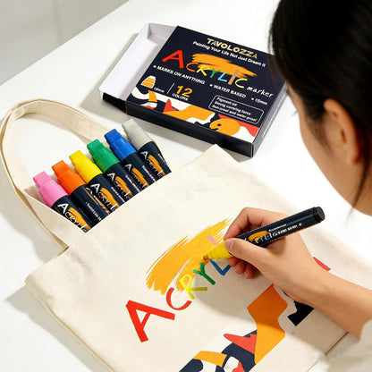 12 15MM Vibrant Colors Jumbo Acrylic Paint Markers, Graffiti Markers, Waterproof Jumbo Poster Markers for Canvas