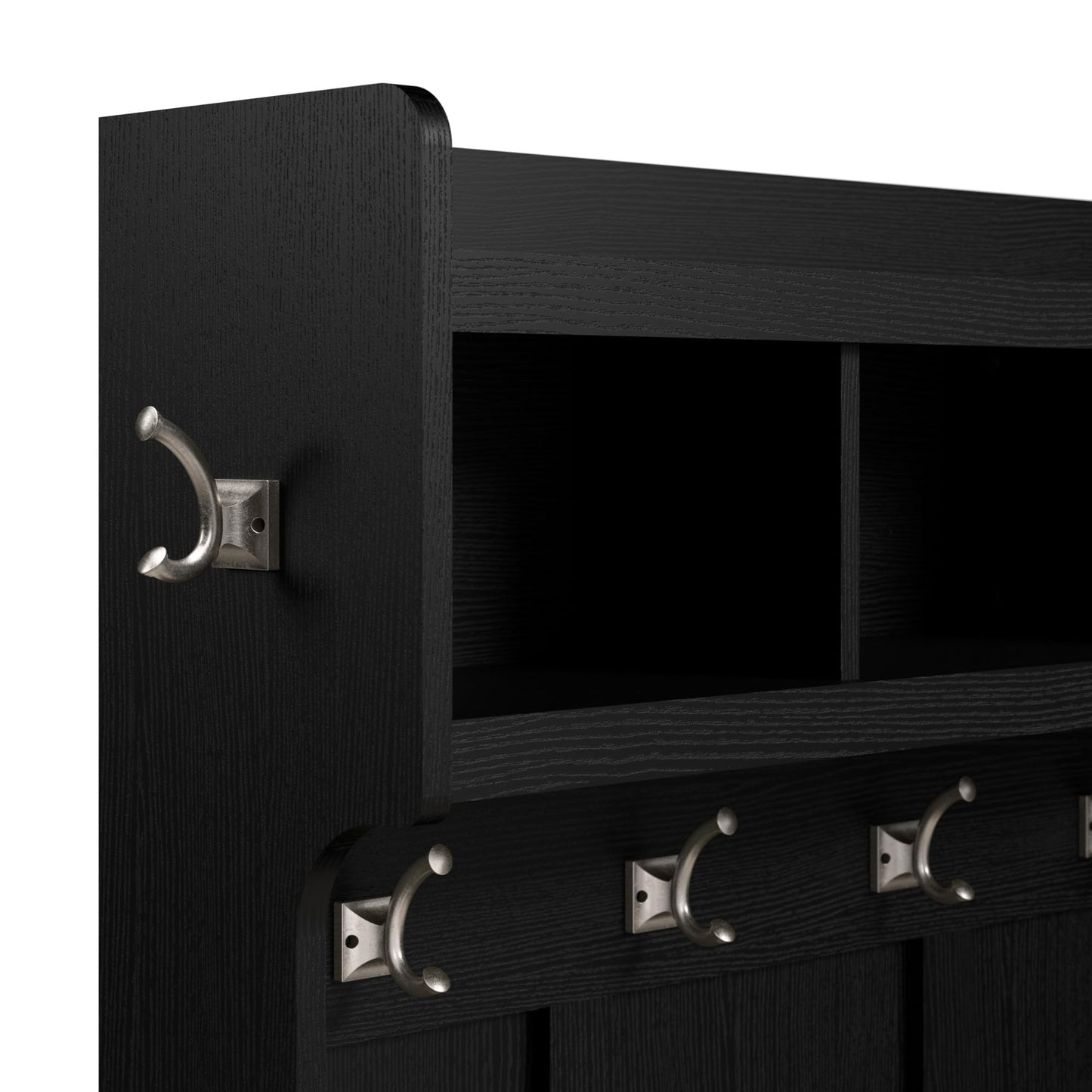 Bush Home Woodland 40W Shoe Storage Bench with Doors and Wall Mounted Coat Rack in Black Suede Oak | Foyer, Mudroom, Entryway Organizer