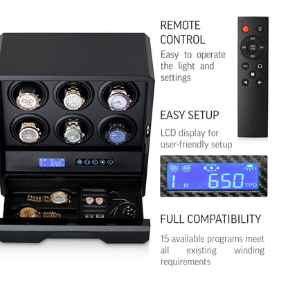 6 Watch Winder with LED Light, LCD Display and Storage Drawer