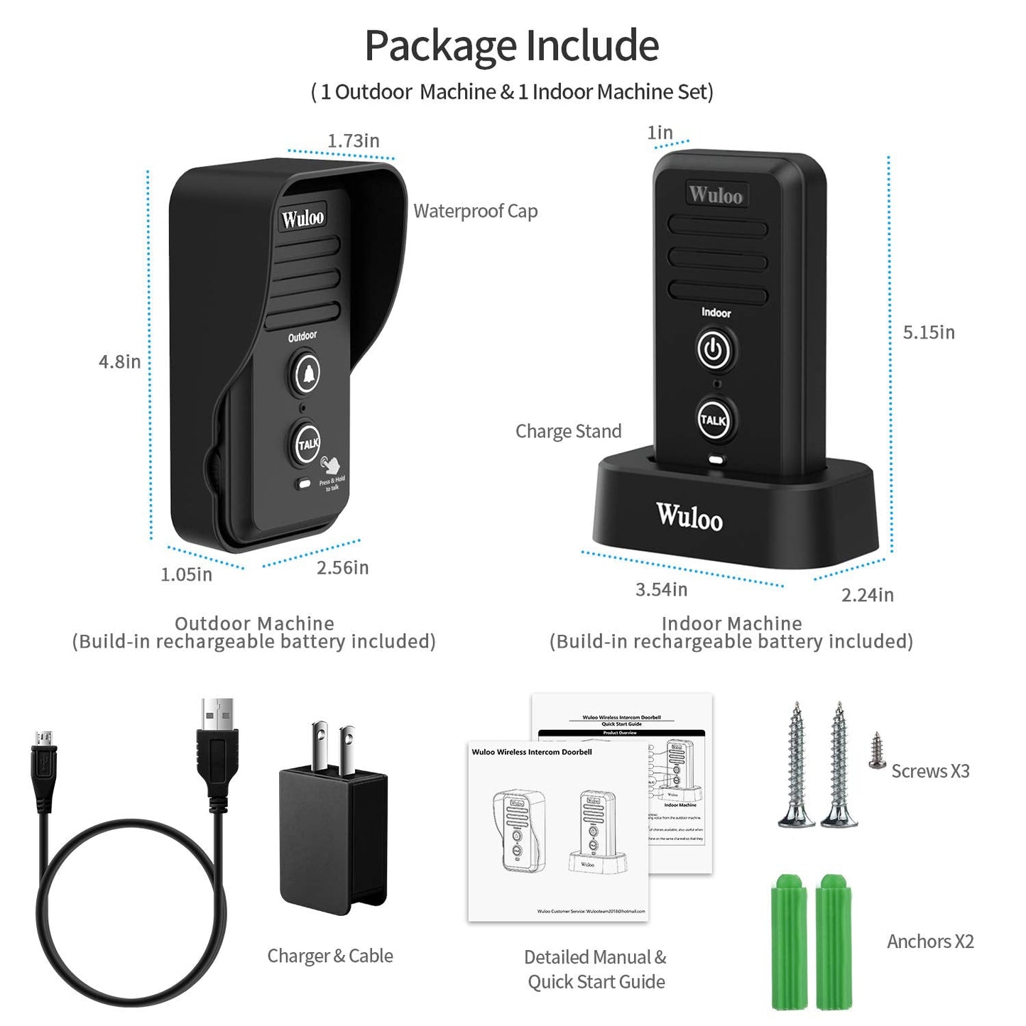 Wuloo Wireless Intercom Doorbell Chime for Home Intercomunicador (1&1-White)