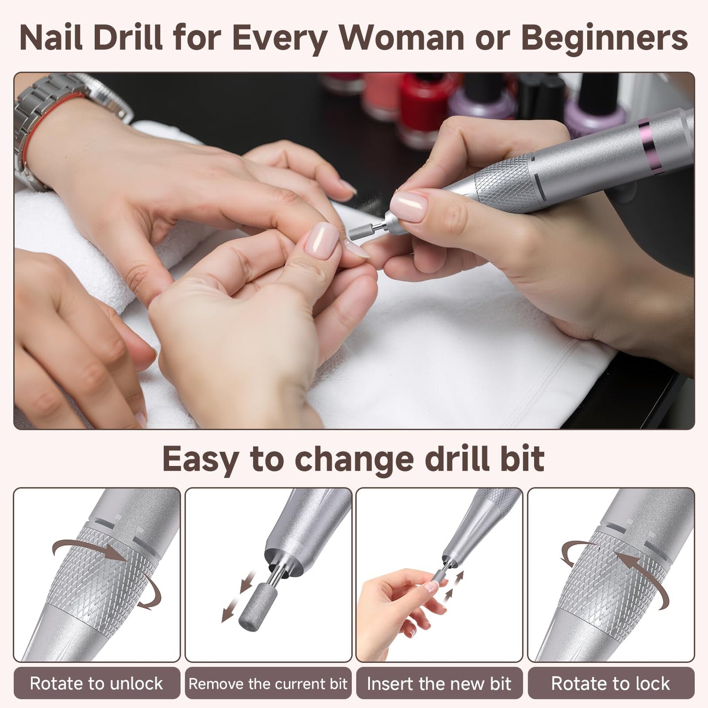 Nail Drill, Portable Electric Nail File 45000RPM, Rechargeable Nail Drill Professional with Bits & Base, for Acrylic Gel Nails, E-File Machine, Manicure Polishing, for Salon Home, White