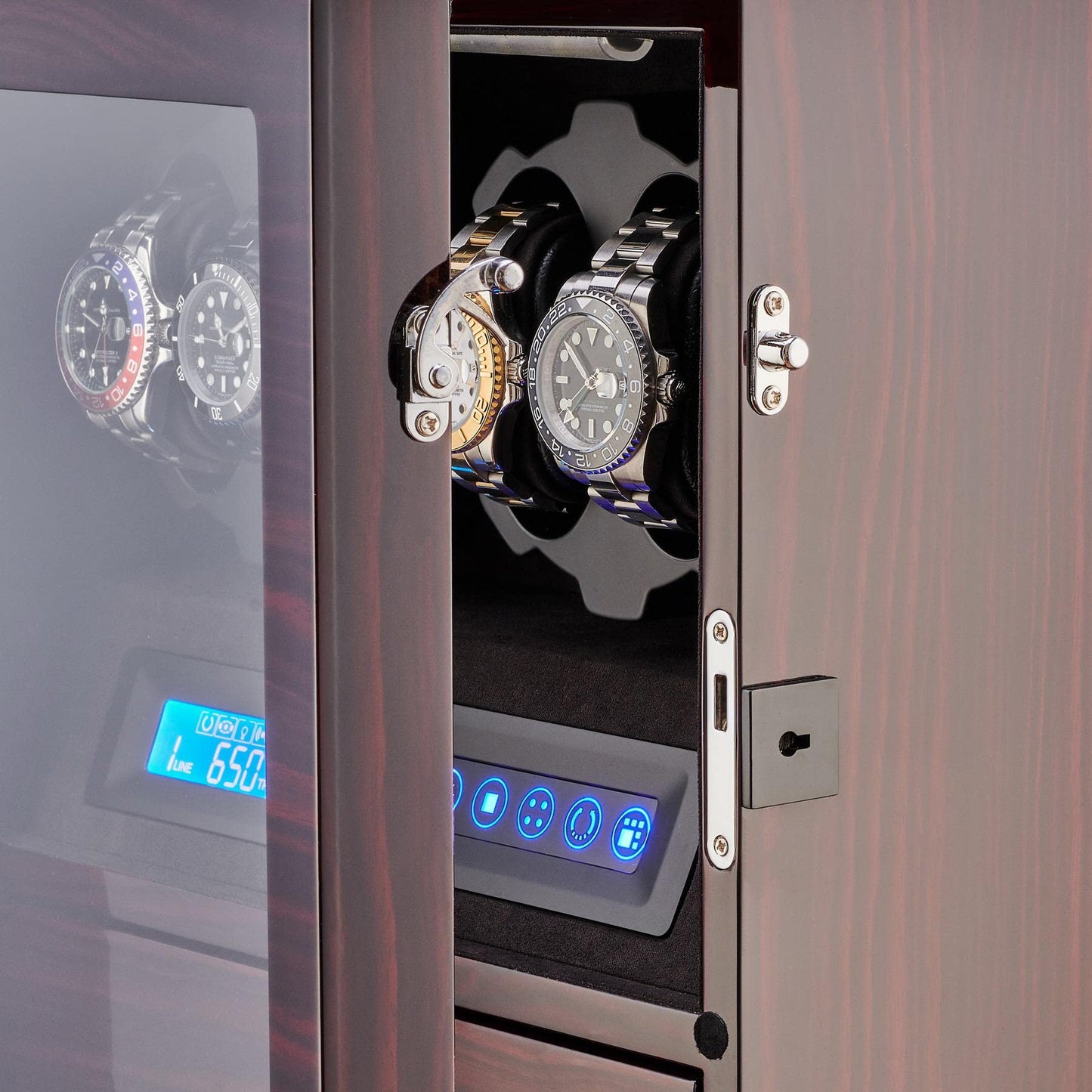 4 Watch Winder with 5 Watch Storage Space, LCD Display, Touch Control and Interior Light (Ebony + Black Velvet)