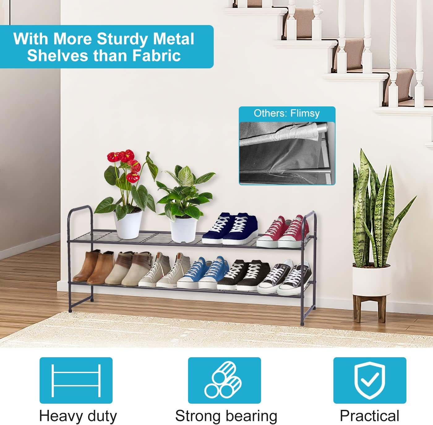 KEETDY 2-Tier Long Shoe Rack for Closet, Entryway Shoe Organizer for 18 Pairs, Metal Stackable Storage Shelf (Bronze)