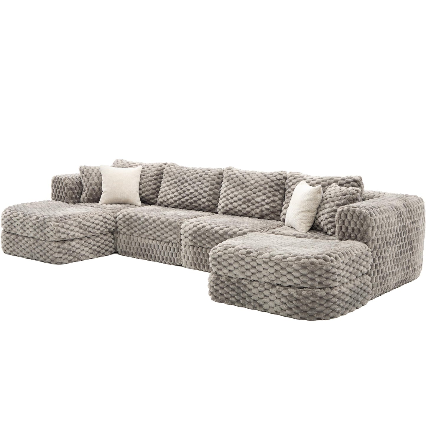 Merax 135.4 Inch Modular Sectional Sofa with 2 Movable Ottomans, Bubble Velvet U-Shape Convertible Couch for Living Room, Reversible Chaise, Includes 4 Throw Pillows, Grey
