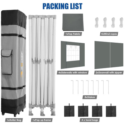 HOTEEL 10x20 Heavy Duty Pop up Canopy Tent with 6 Sidewalls, Easy Setup Outdoor Commercial Instant Gazebo for Parties Wedding Event, with Roller Bag & Sand Bags, Gray(Hexagonal Frame)