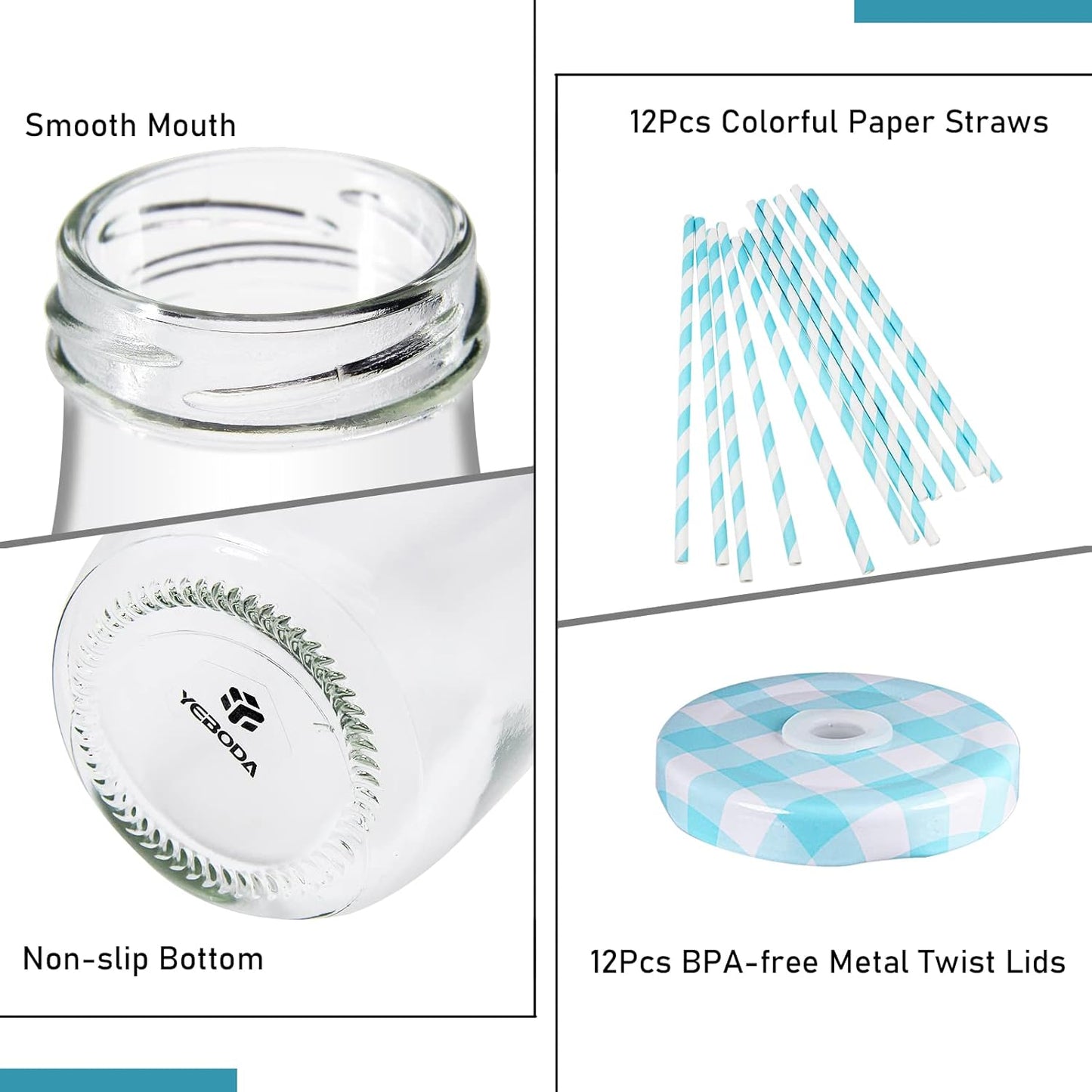 11oz Set 12 YEBODA Glass Milk Bottles with Reusable Metal Twist Lids and Straws for Beverage Glassware and Drinkware