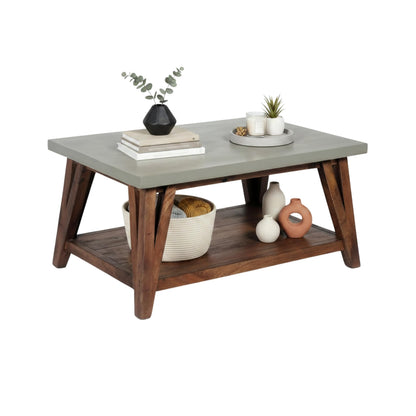 Alaterre Furniture Brookside Coffee Table with Lower Shelf – Modern Rustic Farmhouse 36-Inch Living Room Table with Solid Wood Base and Concrete-Coated Top (Brown and Light Gray)
