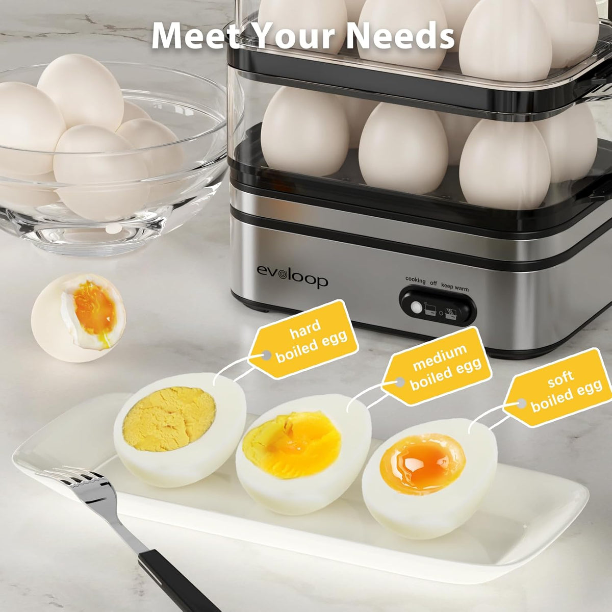 12 Evoloop Rapid Egg Cooker Electric Eggs Capacity, Soft, Medium, Hard Boiled, Poached, Omelet Maker Egg Poacher