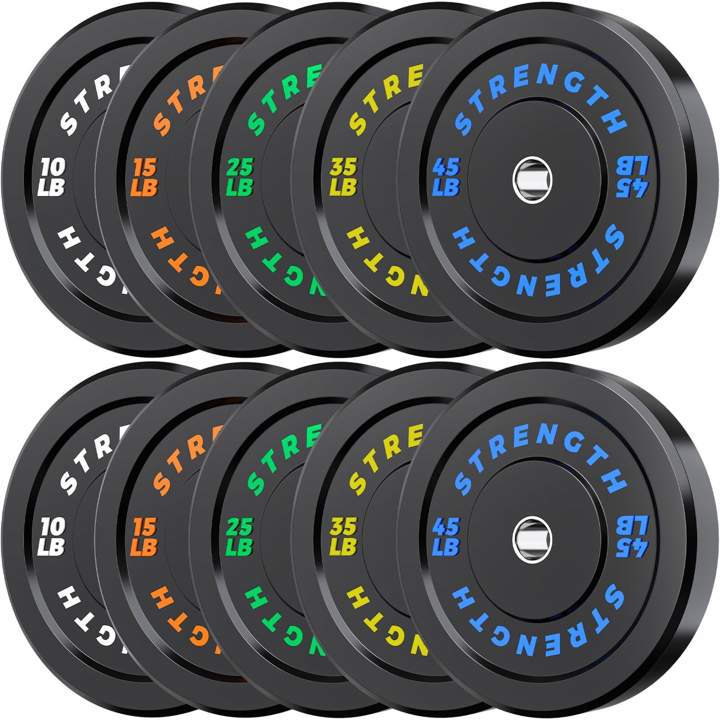 Rendpas 2-Inch Olympic Bumper Plates, 100% Virgin Rubber Low Bounce Barbell Weight for Home Gym Strength Training, 10lb-45lb Black with Color-Coded