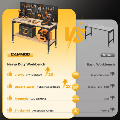 CAMMOO 60" Work Bench Adjustable Height with Storage Shelf, Max Load 2000 LBS Heavy Duty Rubberwood Tabletop with Pegboard, LED Light, Built-in Power Strip for Woodworking Shop, Garage, Home