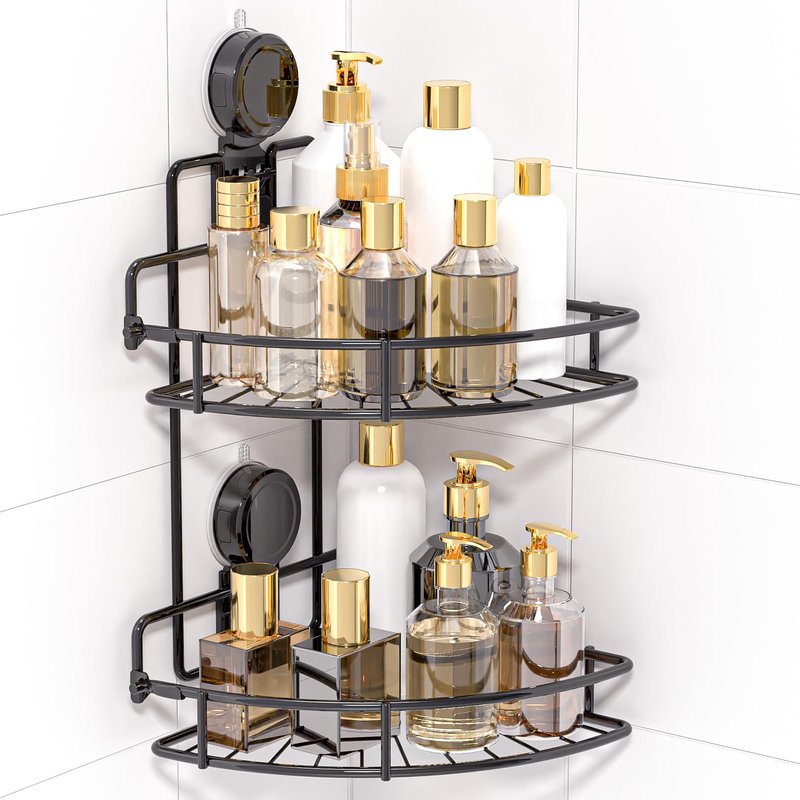 BANGMANG Shower Caddy Suction Cup, 2 Pack Suction Shower Shelf, NO-Drilling Bathroom Holder, Rustproof Bathroom Organizer for 90° Wall Corner, Black