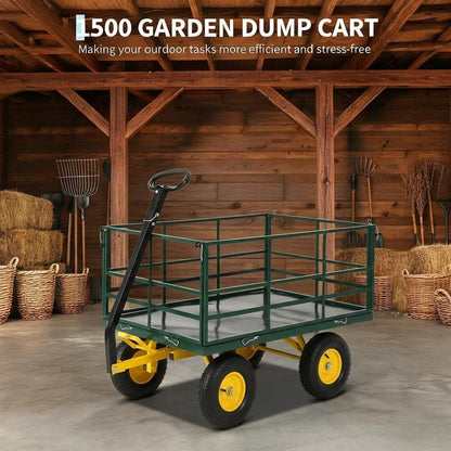 4-in-1 Heavy Duty Steel Garden Yard Cart - 1500 lbs Capacity - 13 Inch All-Terrain Wheels - Removable Mesh Sides - Dark Green Frame, Yellow Hubs, Black Handlebars