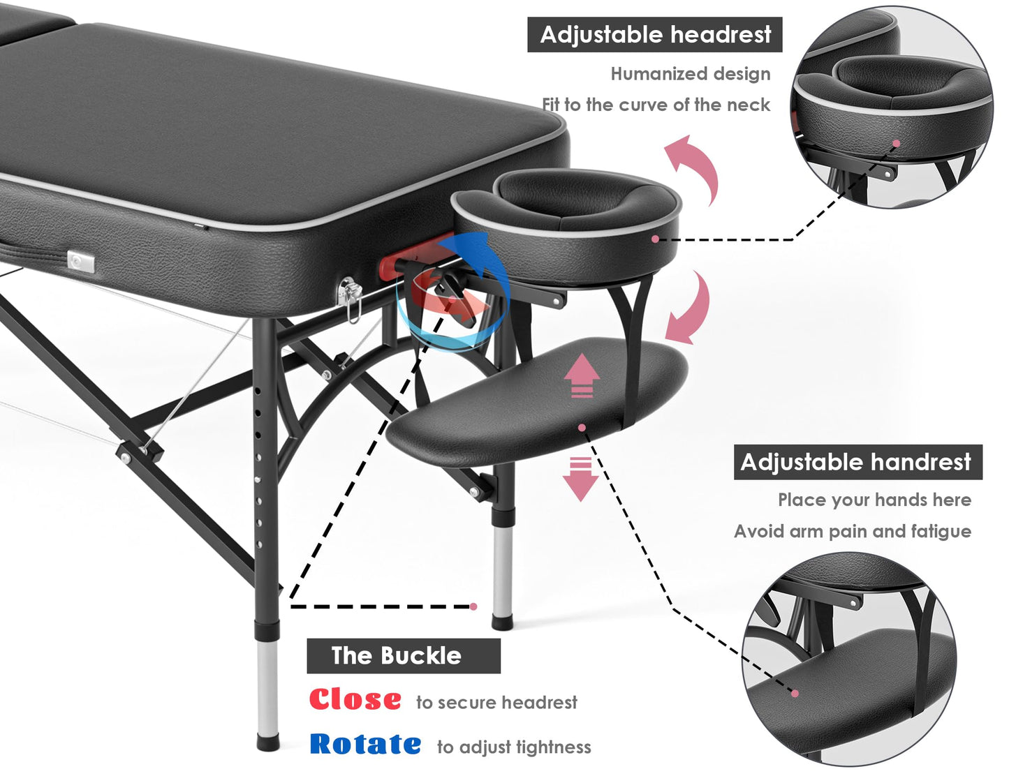 CLORIS 84" Professional Massage Table Portable Reinforced Aluminium Leg Hold Up to 1100LBS 2 Folding Lightweight Spa Salon Tattoo Massage Bed Height Adjustable with Carrying Bag Black