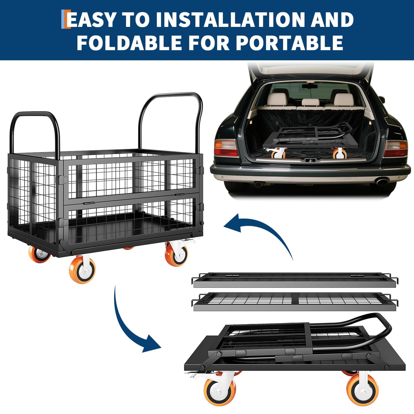 Platform Truck Cart with Cage, Multipurpose 6 in1 Foldable Flatbed Cart Heavy Duty Push Cart Dolly w/Swivel Wheels 1800Lbs Capacity Utility Hand Cart for Grocery, Laundry, Garage, Warehouse