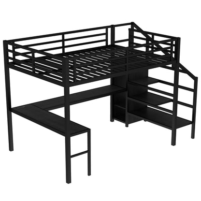 Bellemave Queen Loft Bed with Desk & Wardrobe, Heavy Duty Metal Loft Beds Frame with Storage Stairs, LED Loft Bed Queen Size with Charging Station & Safety Guardrails, No Box Spring Needed, Black