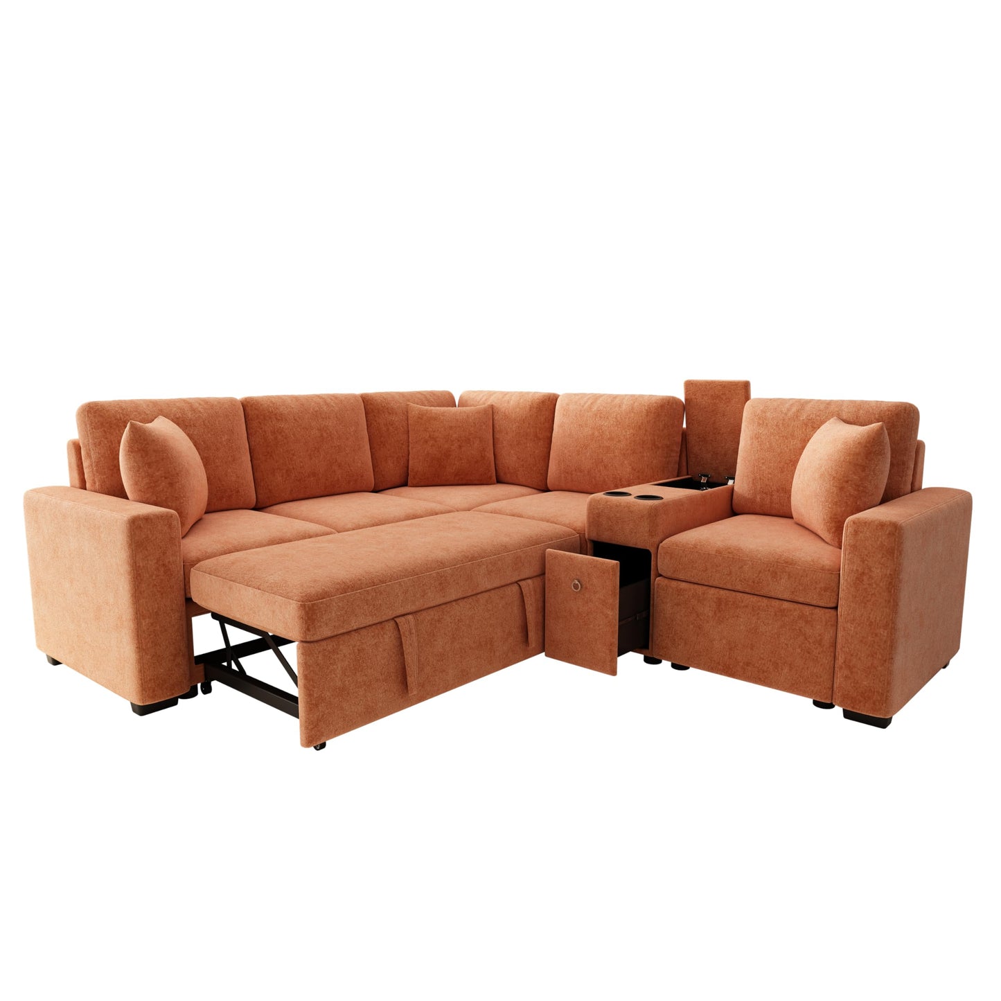 ERYE 120.5-Inch Oversized Sleeper Sectional Sofa W/Pull Out Sleeper Couch Bed, Modern Chenille Upholstered Reversible Modular Sectional Sleeper Sofa with Console & Cupholders