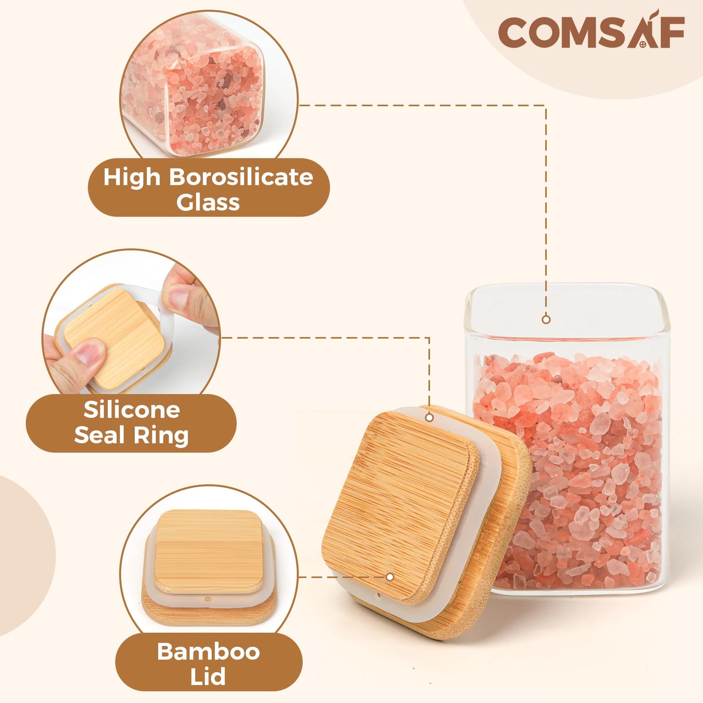 ComSaf 16Pcs Glass Spice Jars with Bamboo Lid, 4oz Airtight Square Spice Containers with 275 Black Lables, Empty Seasoning Jars for Spice Salt Sugar