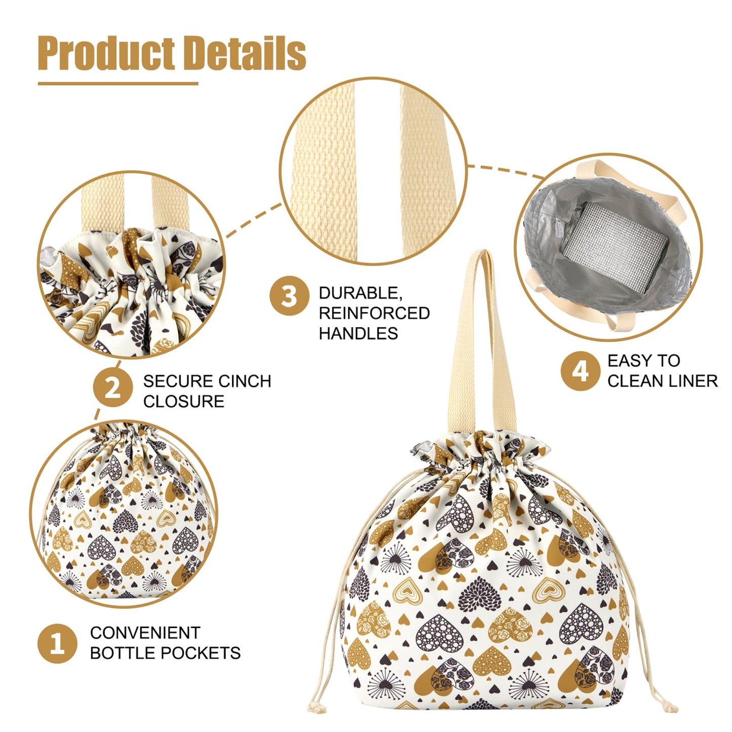 Reusable Lunch Bag - Cute Canvas Tote with Handle and Drawstring Closure for Work, Picnic, Travel (love)