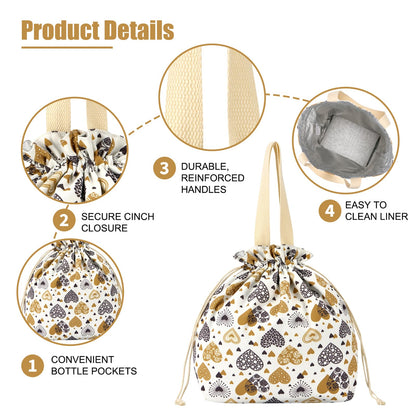 Reusable Lunch Bag - Cute Canvas Tote with Handle and Drawstring Closure for Work, Picnic, Travel (love)