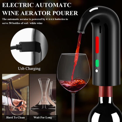 Wine Opener Valentines Day Gift Set with Electric Wine Bottle Opener, Wine Decanter&Wine Aerator and Pourer, wine stopper, Foil Cutter and EVA Storage Bag, Rechargeable and Automatic(Black)