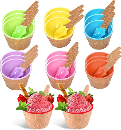 20 Pack Summer RICHSC-PAN Ice Cream Bowls, Cartoon Candy Color Ice Sundae Cups with Spoon. Multi-Color Reusable