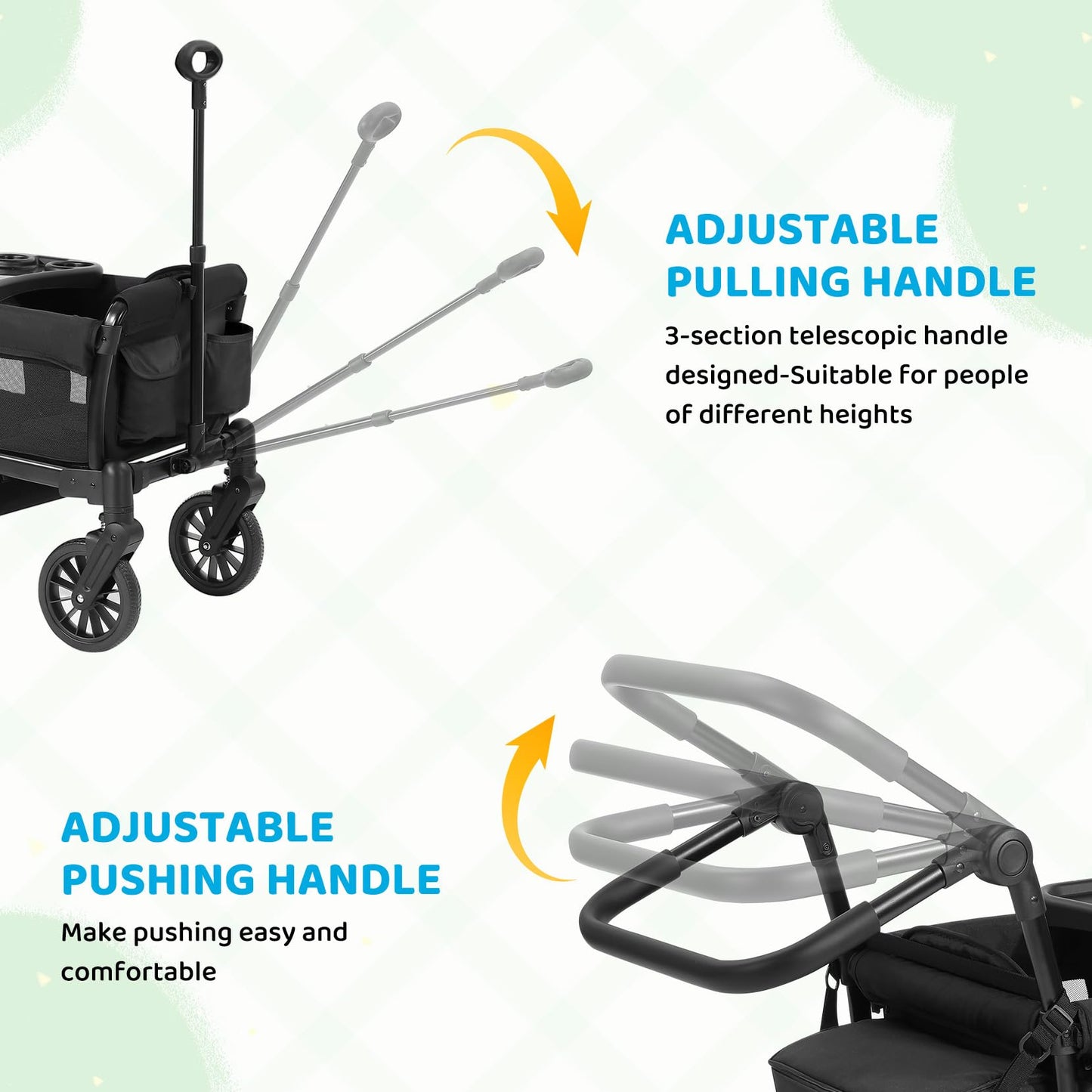 ELEMARA Foldable Wagon Stroller, Stroller Wagon for 2 Kids, Premium All Terrain Wagon for Kids with Removable Canopy, Adjustable Push/Pull Handle, Harnesses, Large Storage Bag, Black