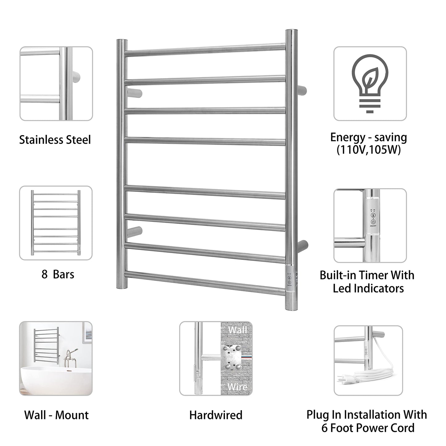 KEG Towel Warmer 8 Bars for Bathroom Freestanding or Wall Mounted Bath Towel Heater Plug-in with Built-in Timer Silver