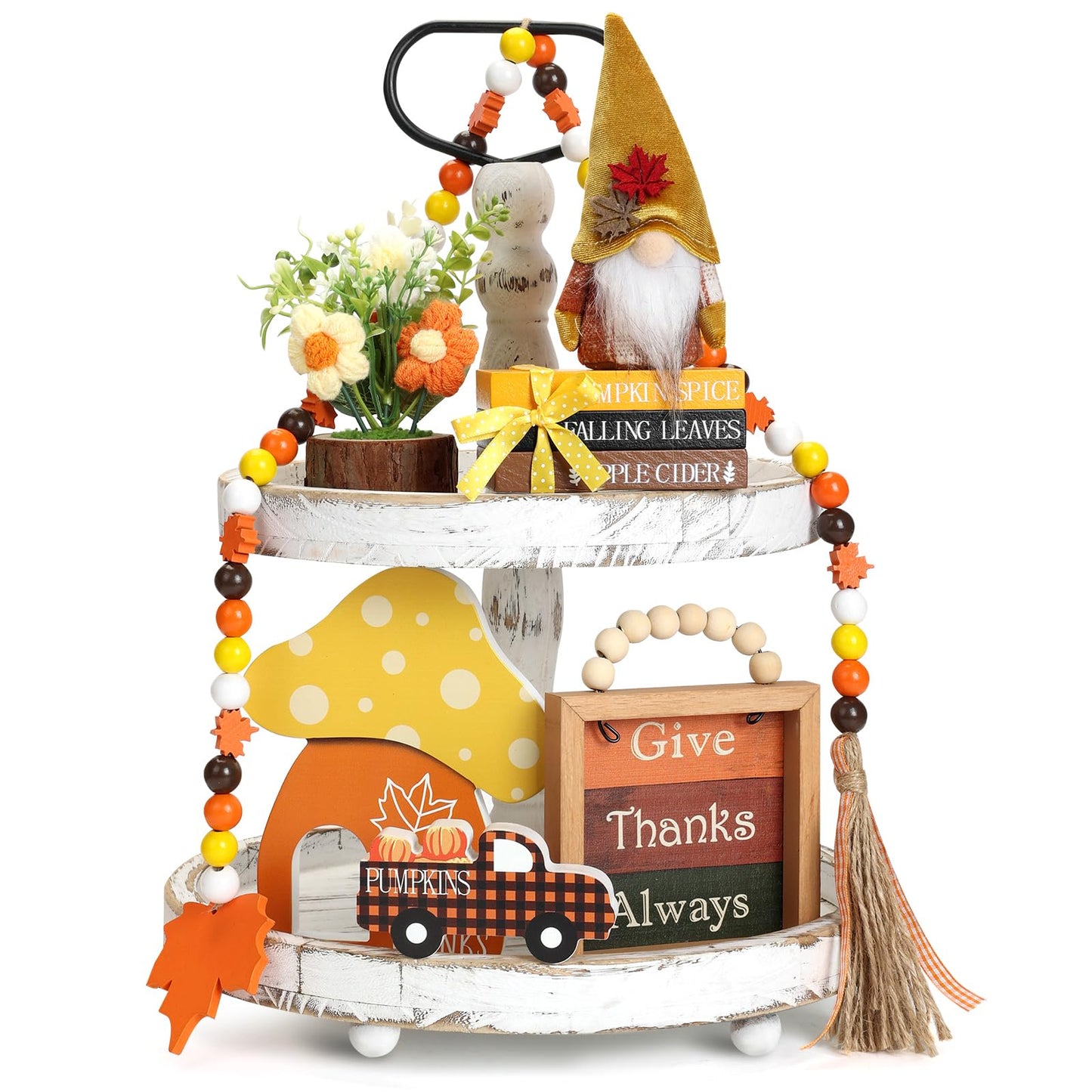 7 pcs Thanksgiving Tiered Tray Fall Decor Set, Gnome Truck Thanksgiving Wood Plaque Wooden Bead String Decorations, Fall Decorations for Home Kitchen Fireplace Farmhouse Office Fall Decoration