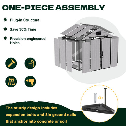 DNYKER 8 x 6 FT Plastic Outdoor Storage Shed, All-Weather Resin Garden Shed with Floor, Lockable Doors & Windows, Plastic Tool Shed for Patio，Poolside, Backyard