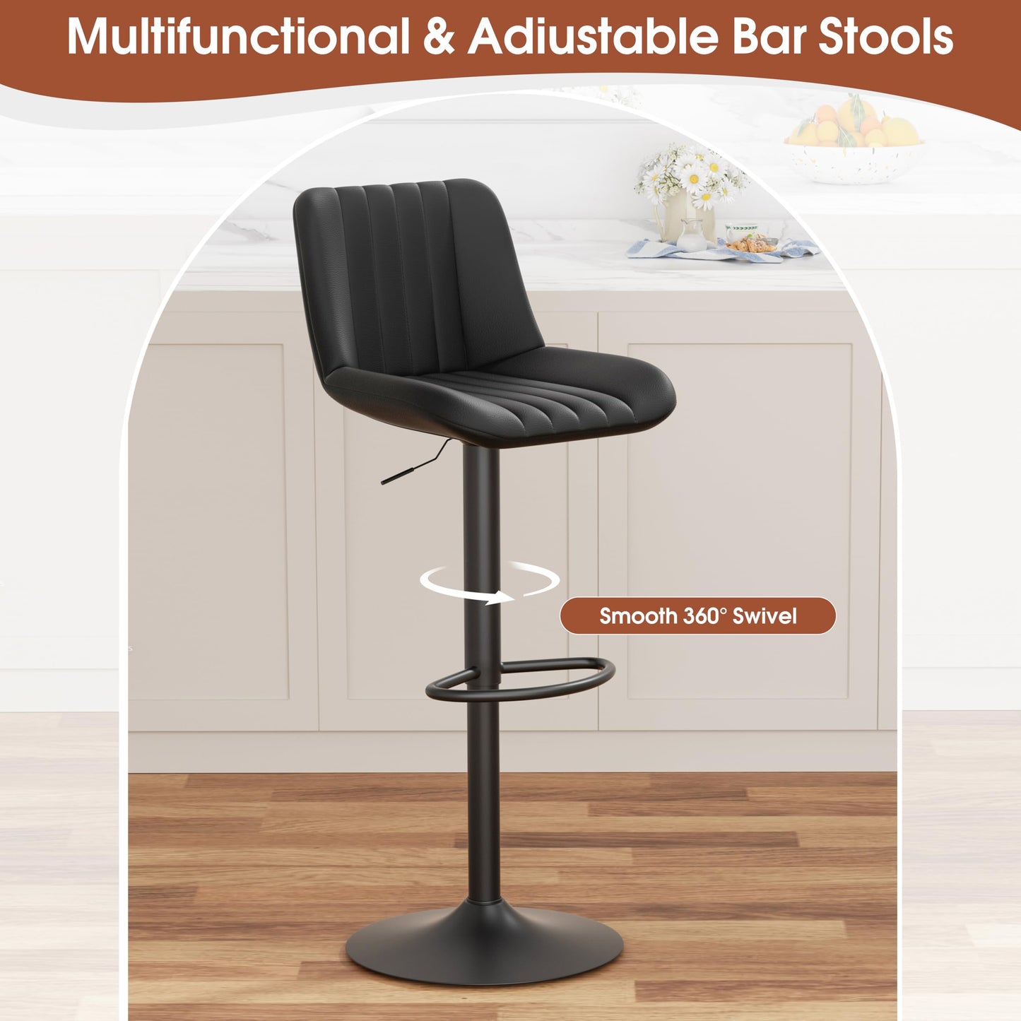JAMFLY Modern Leather Bar Stools – Swivel & Height-Adjustable Bar Chairs with Footrest, Ergonomic Design for Kitchen Island, Home & Commercial Bar – Set of 6, Black
