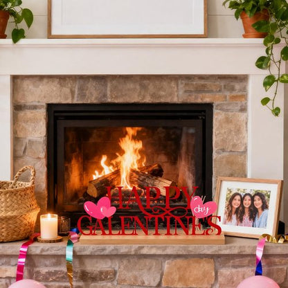 Cinnvoice Happy Galentine's Day Decorations Meta Happy Galentines Letter Table Sign Farmhouse Friendship Valentine Tabletop Decorations with Wooden Base for Holiday Mantel Home Party Supplies