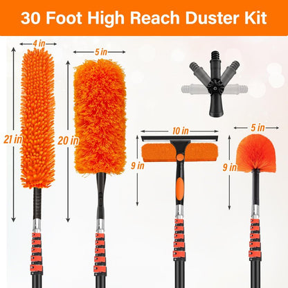 30FT High Reach Duster Cleaning Kit with 24FT Pole | 4-in-1 Tool Set with Universal Swivel Joint | High Ceiling Fan Cleaner, Microfiber Duster & Window Squeegee for Safe High-Reach Cleaning