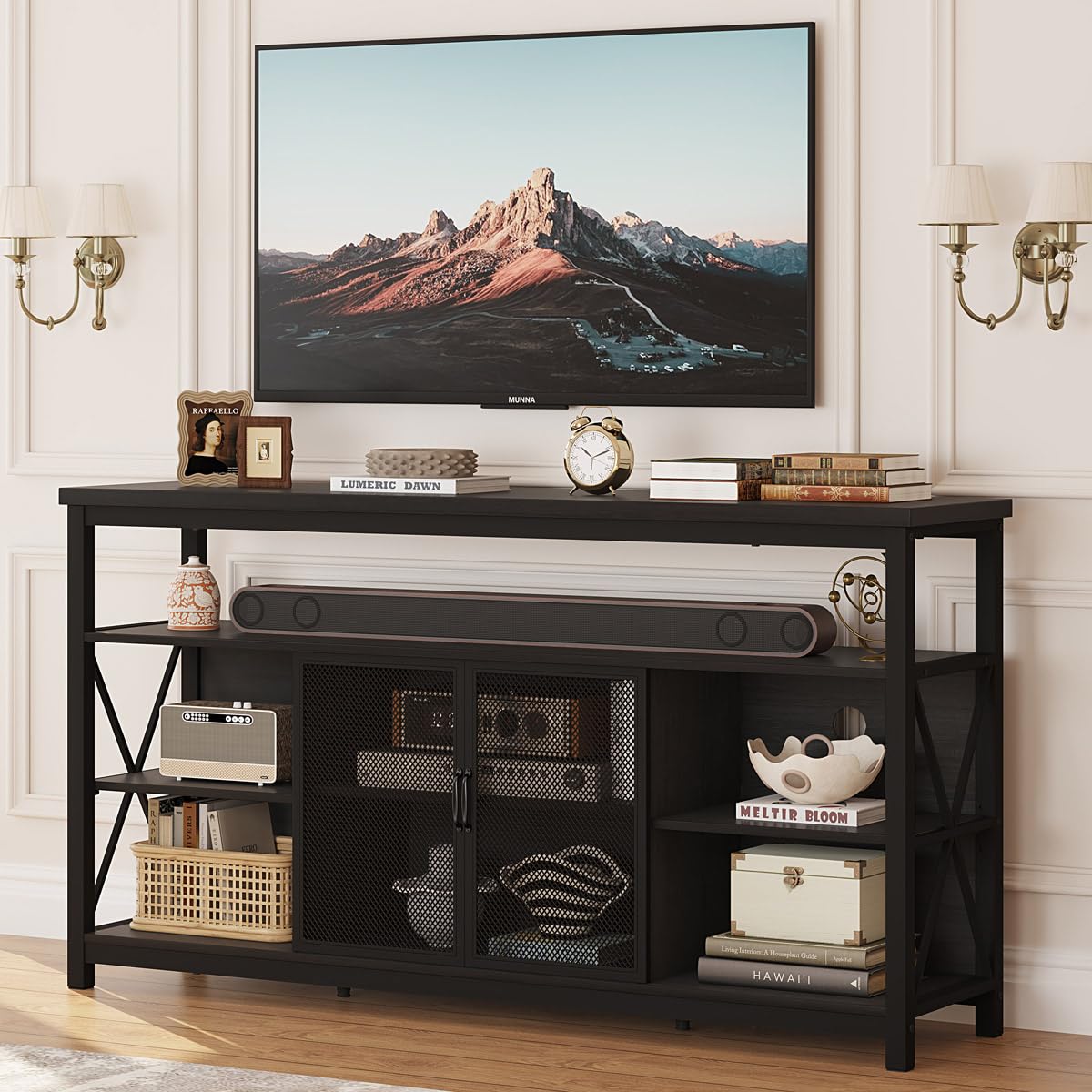 BON AUGURE Tall TV Stand for TVs up to 65 Inch, Industrial Wood Entertainment Center with Storage Cabinet, Modern TV Media Console for Living Room and Bedroom (32 Inch High, Black Oak)