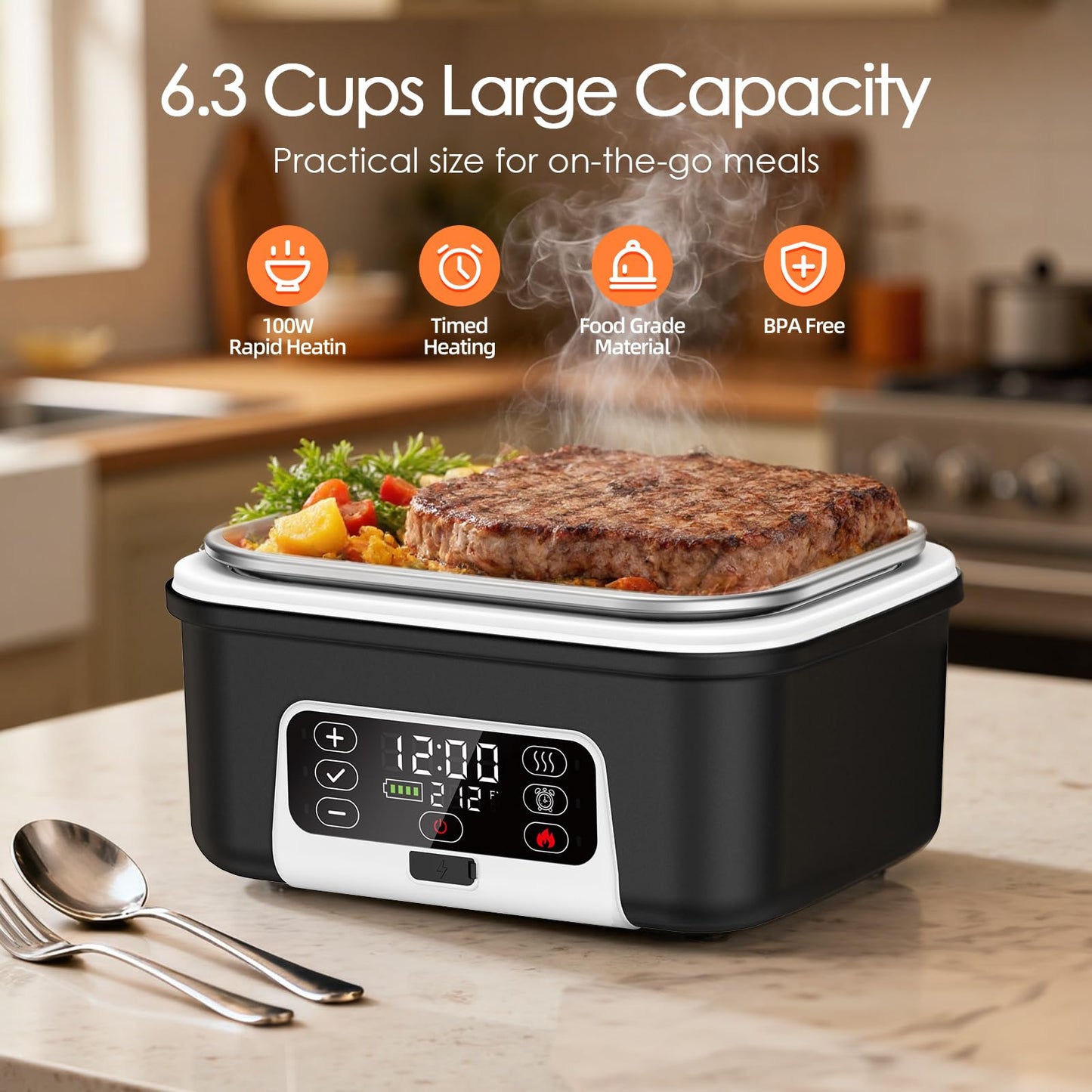 Odopok Cordless Electric Lunch Box, 6.3 Cup 100W Heated Lunch Box with 20000mAH Battery Powered for Self Heating, Including Fork Spoon and Insulated Bag for Men Women Adults, BPA Free(Black+White)