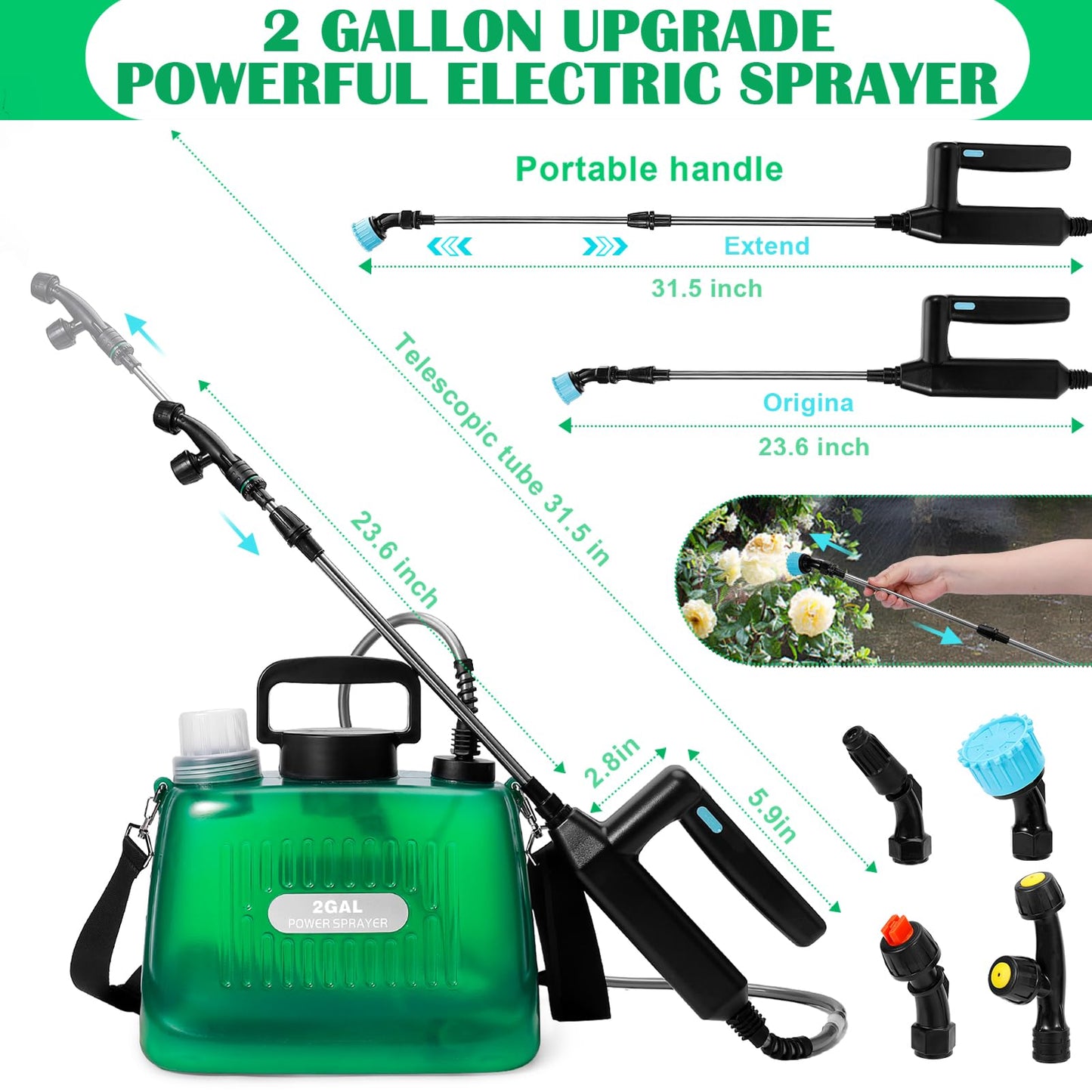 WYRJXYB Battery Powered Sprayer 2 Gallon, Upgrade Electric Garden Sprayer with 4 Mist Nozzles,USB Rechargeable Handle,31in Telescopic Wand,1 Glove,Portable Garden Sprayer for Yard Lawn Garden Watering